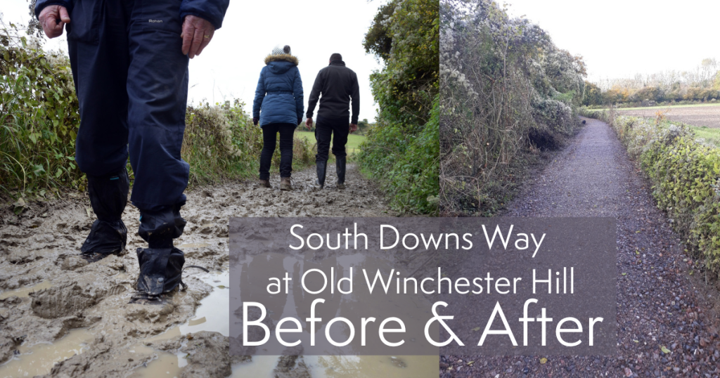 Before and after image of a stretch of the South Downs Way at Old Winchester Hill