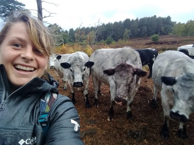 An apprentice ranger in the South Downs, taking a selfie with cattle behind