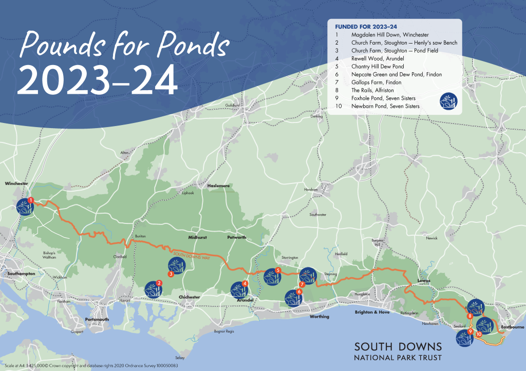 Map showing the first set of projects to have received funding in the Pounds for Ponds initiative in the South Downs National Park.