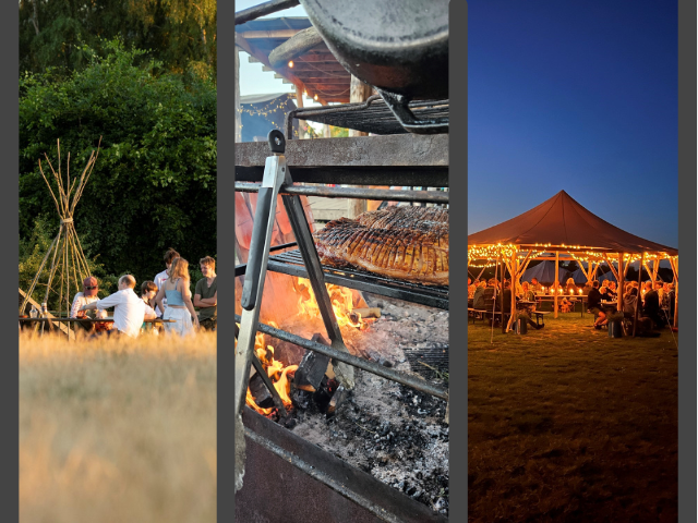 three images showing life at Woodfire Camping - people outside enjoying food, food being cooked over an open fire and party lights around a tent full of people enjoying food under a starlit sky