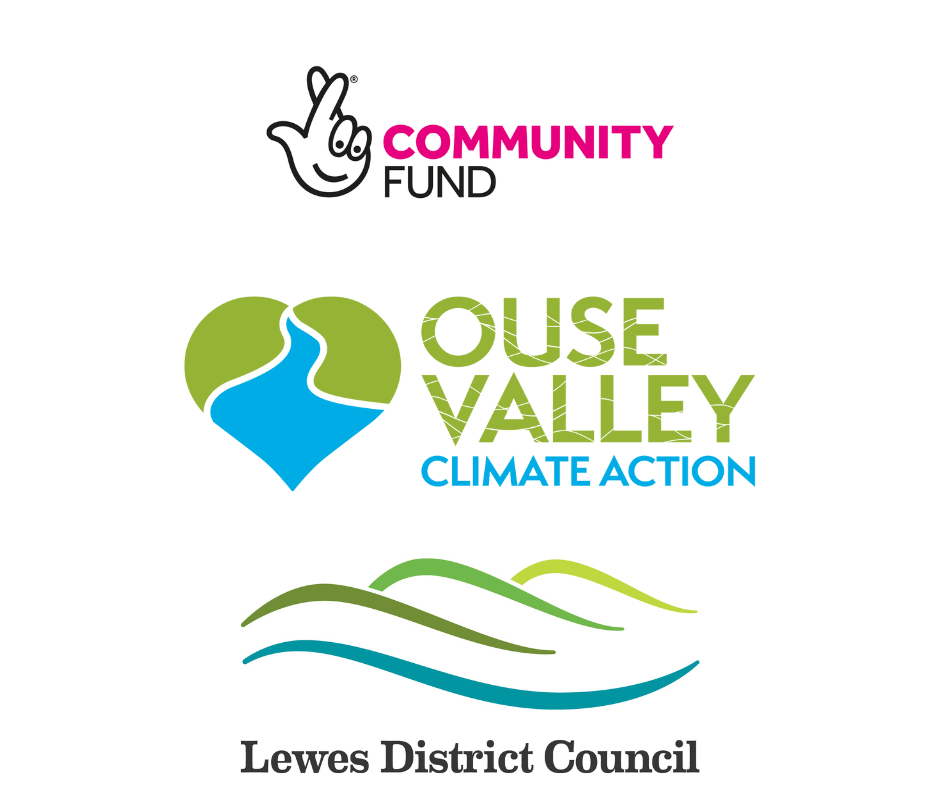 logos for the national lottery community fund, ouse valley climate action and lewes district council