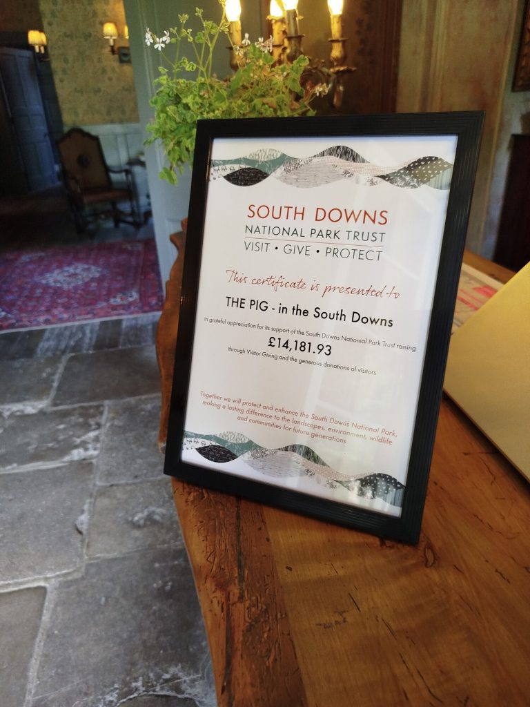 Display of the certificate given to THE PIG-in the South Downs