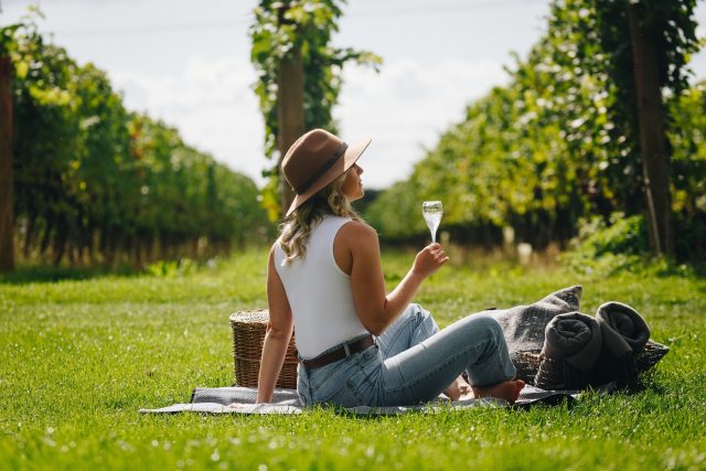 a woman sits drinking wine at a picnic at the Tinwood Vineyard