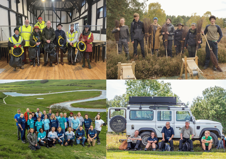 image show a variety of different volunteer tasks - litter picking, youth action, corporate volunteering and conservation volunteering.