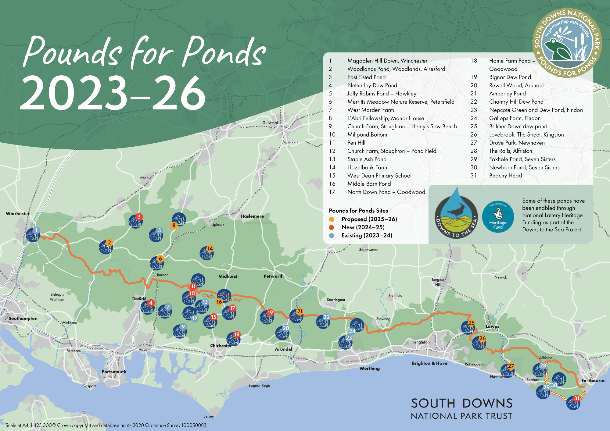 Map showing the first set of projects to have received funding in the Pounds for Ponds initiative in the South Downs National Park.
