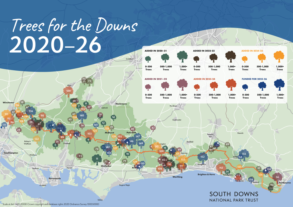 Image of a map of the South Downs National Park with sites marked where trees have been / will be planted as part of the Trees for the Downs initiative between 2020 and 2026