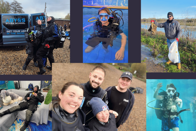 medley image of Abyss Scuba School with staff in the water and out.