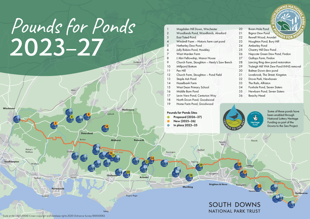 map showing the pounds for ponds sites in the South Downs National Park. Some have already been completed and some are at the proposed stage.