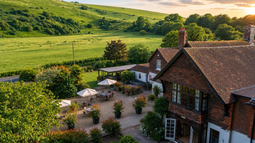 image shows Tottington manor hotel with the courtyart outside and green rolling hills of the South downs beyond
